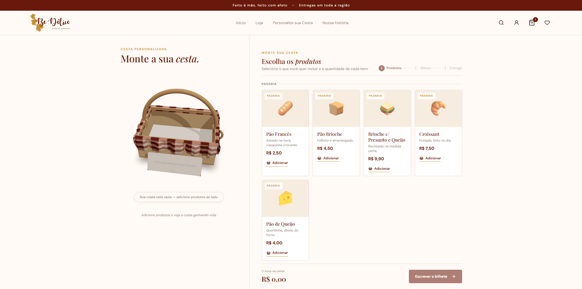 Montagem de cesta personalizada da Be Délice, com a cesta em 3D e a lista de produtos de padaria para adicionar.
