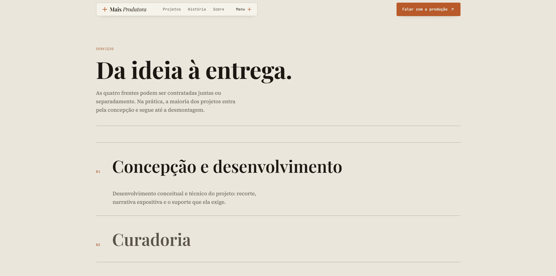 Página de serviços da Mais Produtora, com o título "Da ideia à entrega" e a lista de serviços.